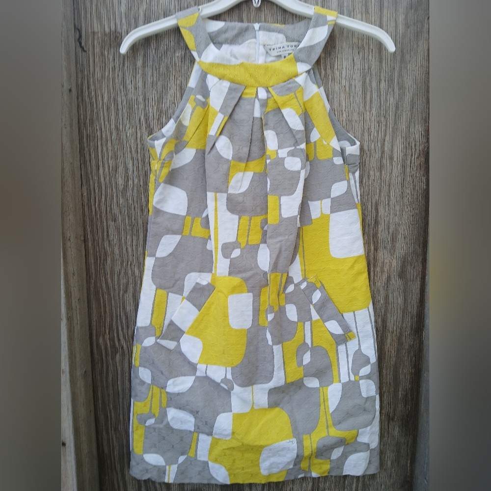 Trina Turk Yellow, White and Gray Sleeveless Geo Patterned Sleeveless Dress, 8